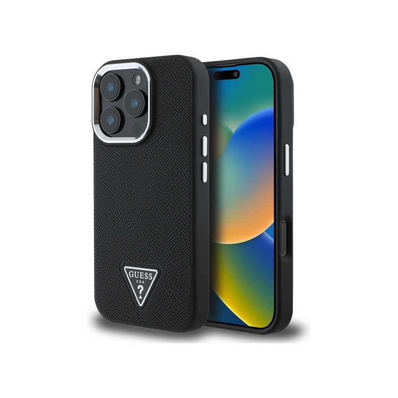 iPhone 16 Pro (6.3") hátlap tok, PU, magsafe, fekete, Guess PU Grained Triangle Logo iPhone 16 Pro (6.3") hátlap tok, PU, magsafe, fekete, Guess PU Grained Triangle Logo