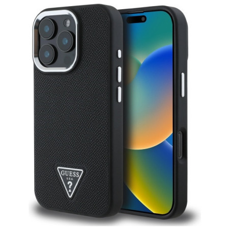 iPhone 16 Pro (6.3") hátlap tok, PU, magsafe, fekete, Guess PU Grained Triangle Logo