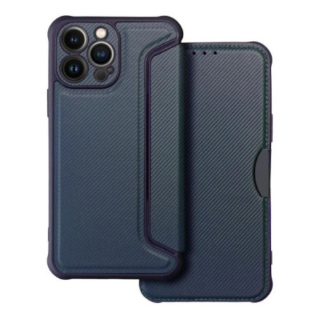 Samsung Galaxy S23 Plus telefon tok, könyvtok, oldalra nyíló tok, mágnesesen záródó, PU / TPU tok, karbon mintás, kék, SM-S916,