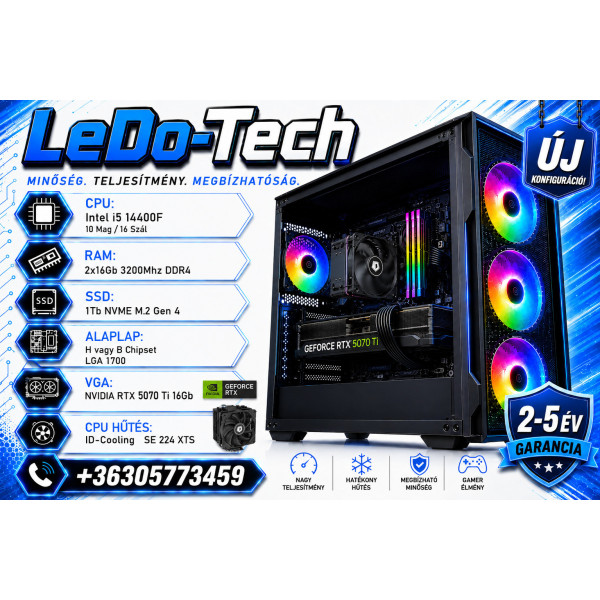 Új 4K Gamer PC i5-14400F/RTX 5070 Ti 16Gb /32Gb DDR4 Kit/1Tb SSD M2 NVME /850W 2-5Év Gar